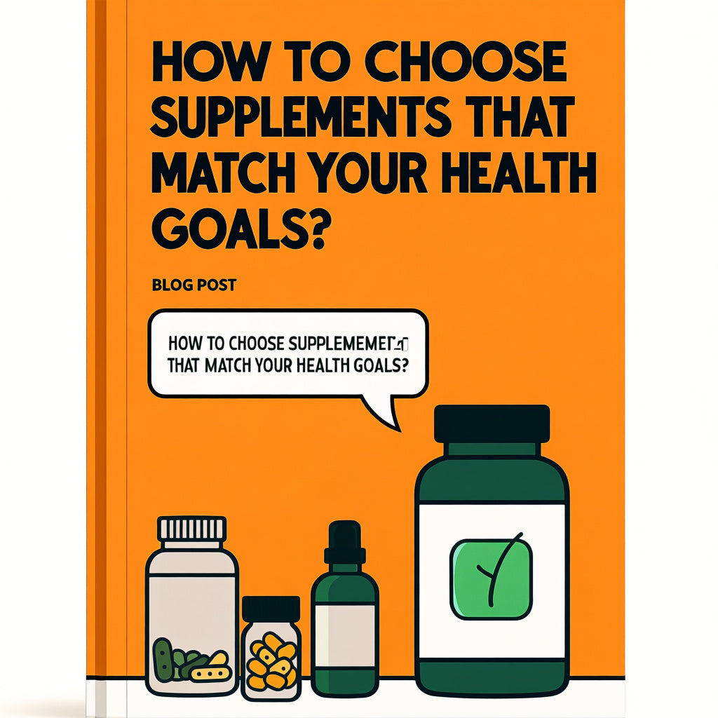 Illustration for a blog post about choosing supplements, featuring supplement bottles and a speech bubble asking "How to choose supplements that match your health goals?".