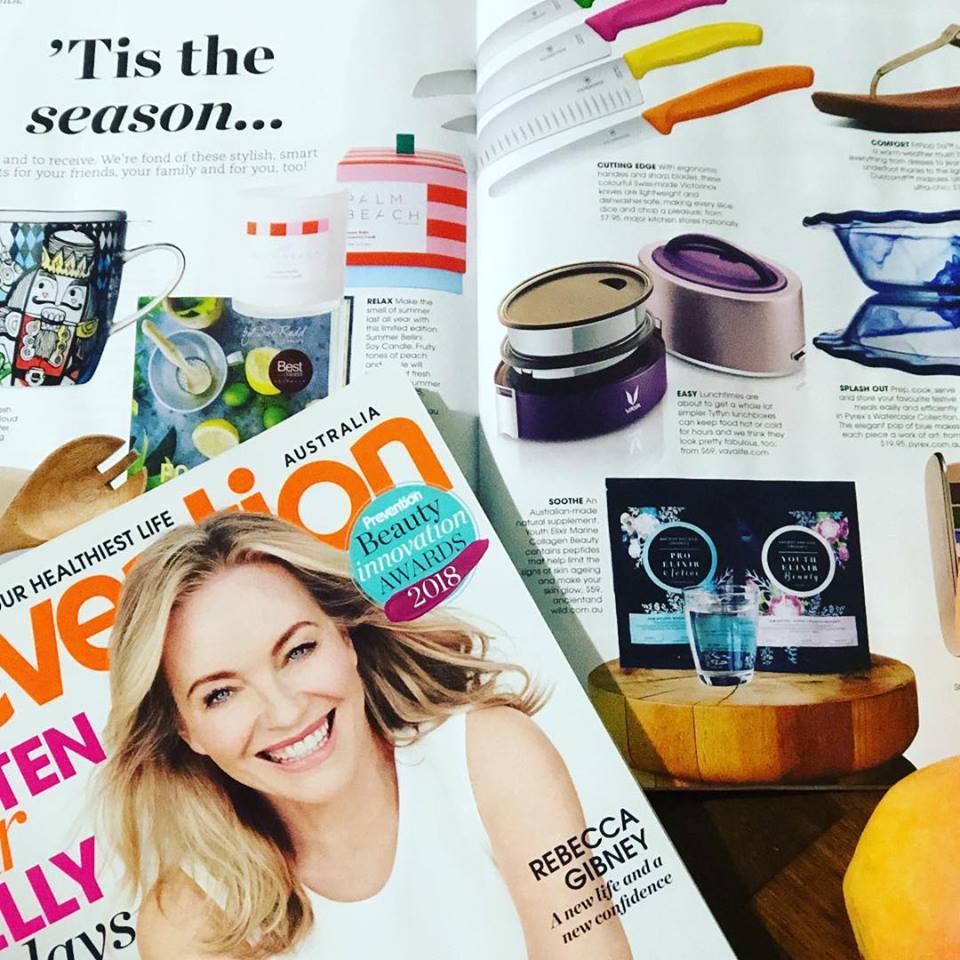 Prevention Magazine Best Christmas Gift Guide: featuring Youth Elixir & Pro Elixir Marine Collagen formulations.