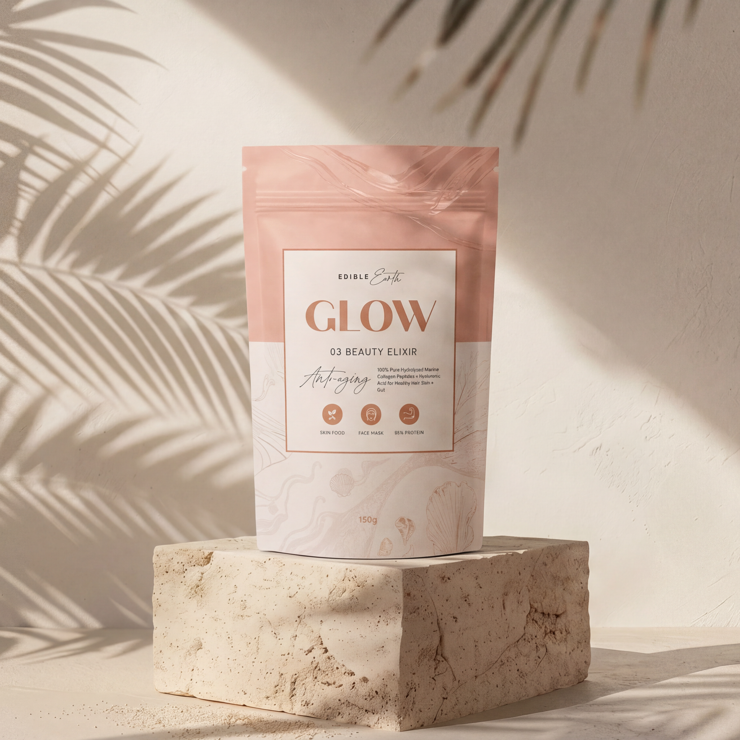 Product packaging labeled 'GLOW' on a stone block with palm leaf shadows on a light background
