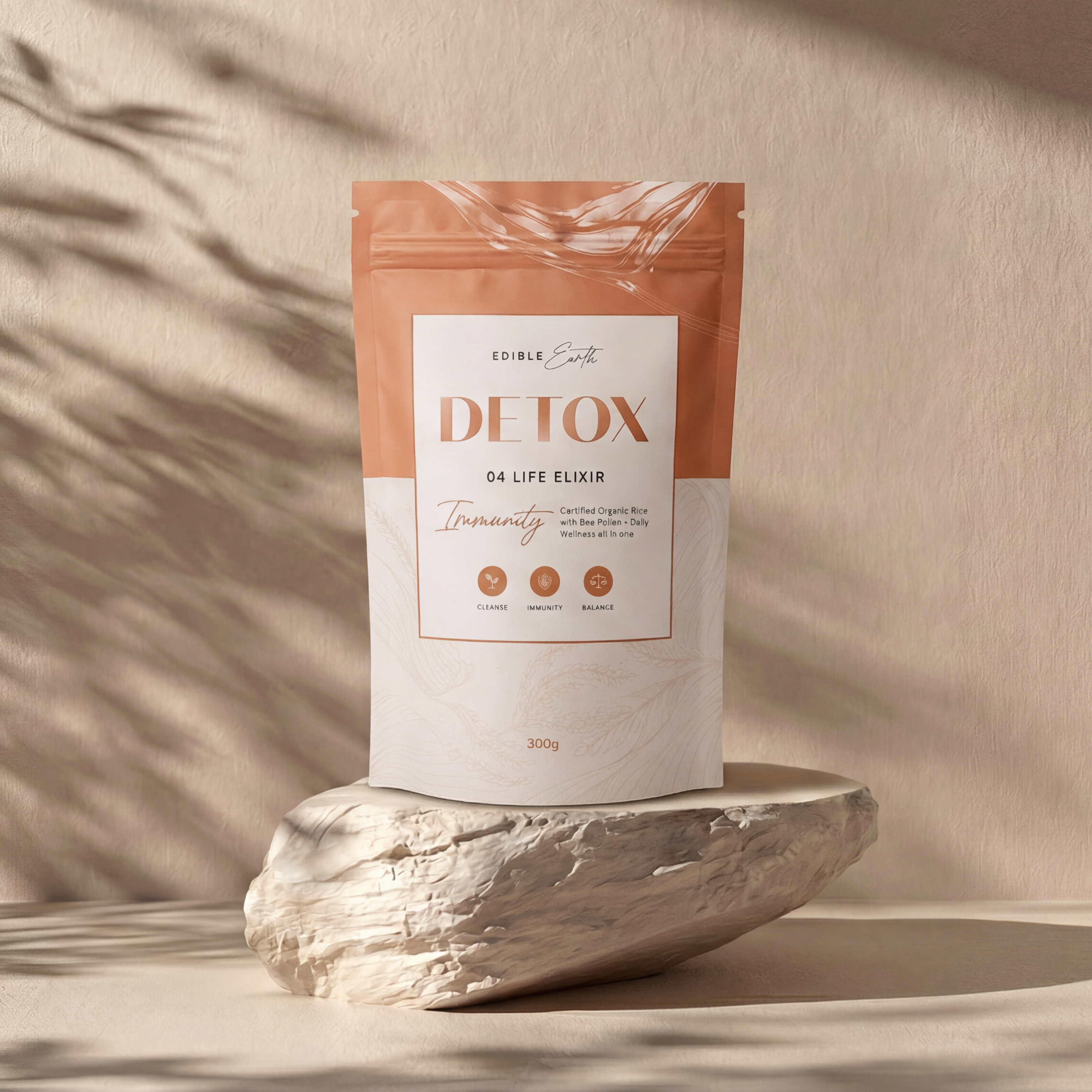 Package of 'Detox' on a stone surface with a neutral background