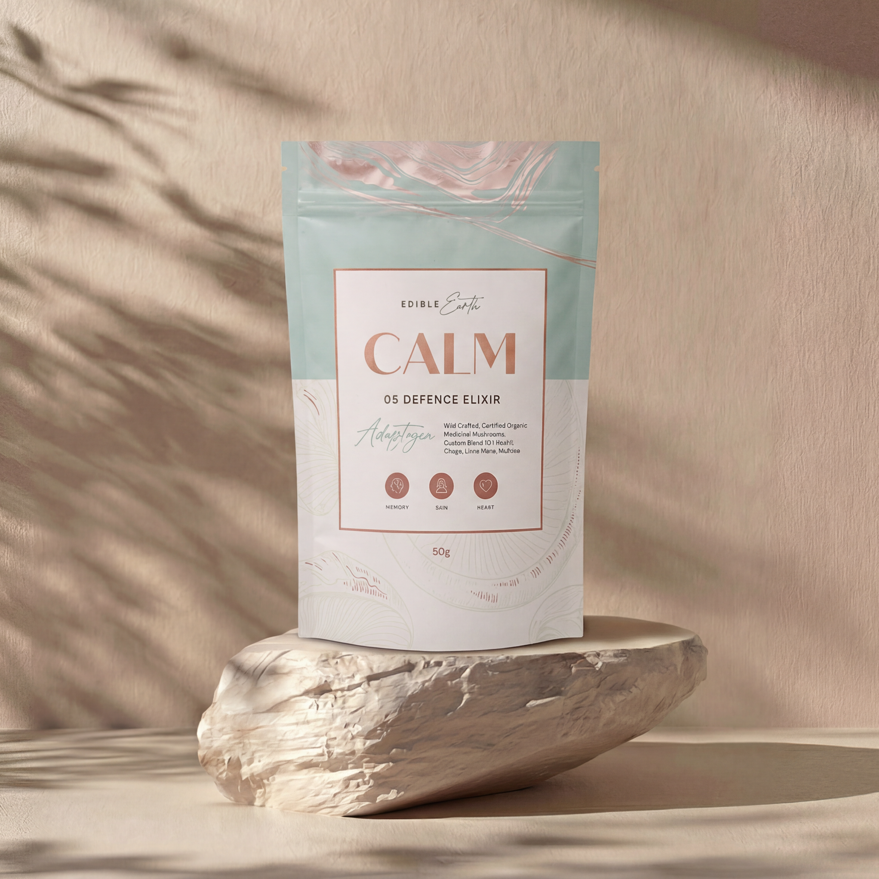 Package labeled 'Calm' on a stone surface with a neutral background