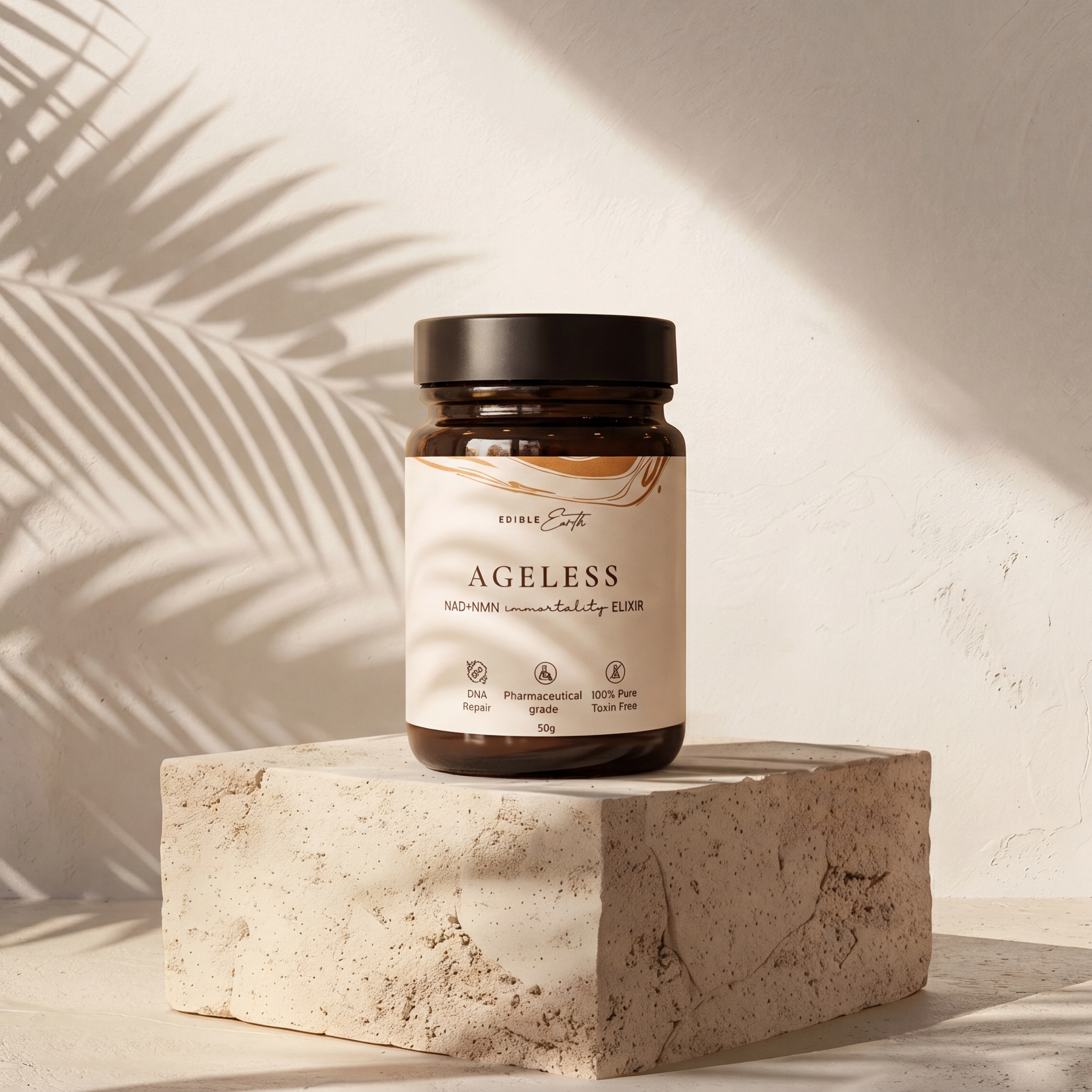 Jar labeled 'Ageless' on a stone block with palm leaf shadows on the wall