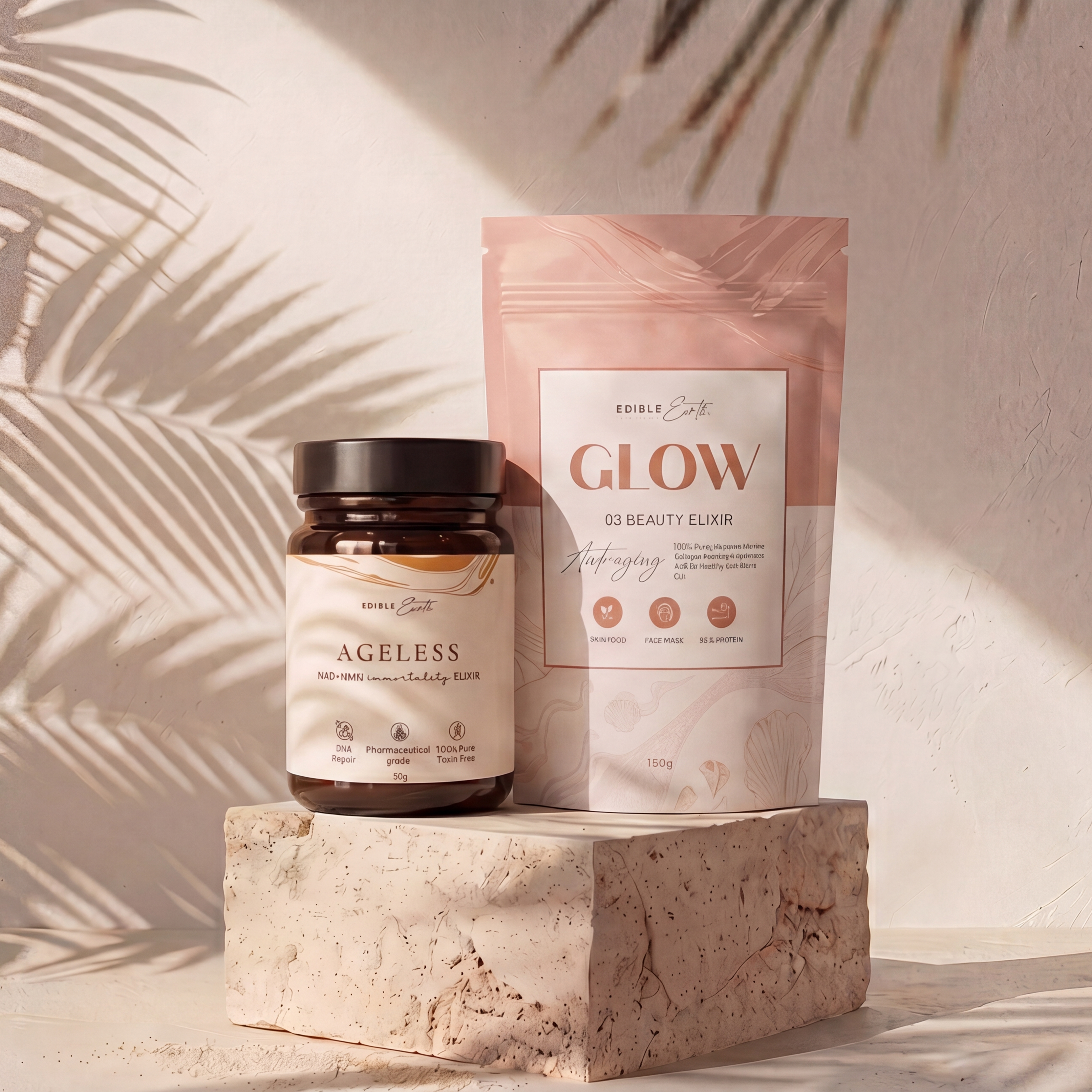 Two products on a stone block with a neutral background