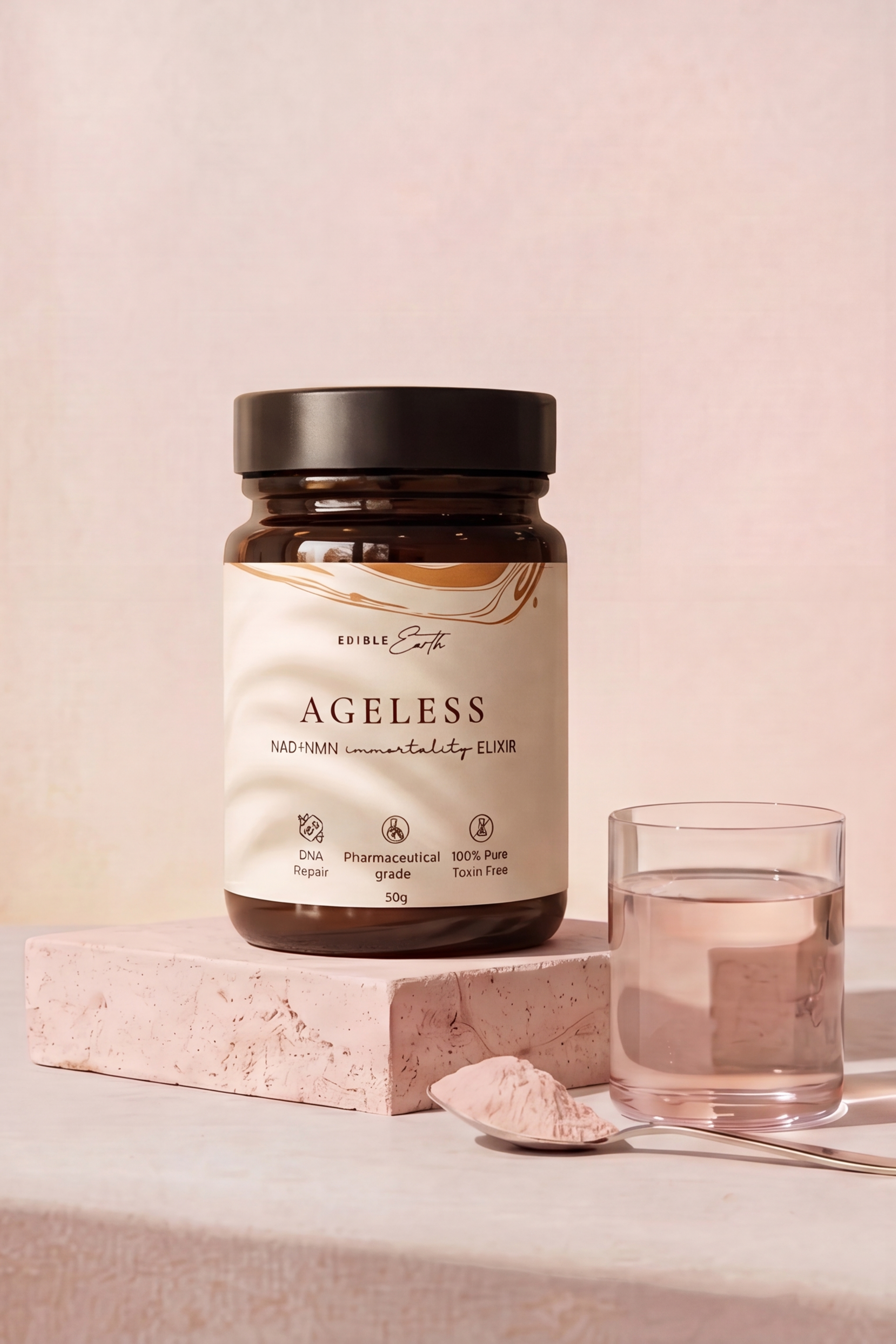 Jar of 'Ageless' supplement on a light surface with a pink background