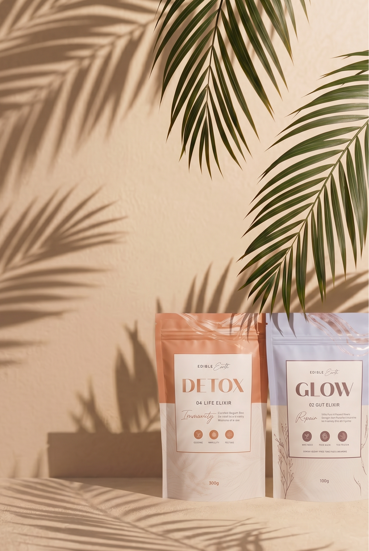 Two skincare product packages labeled ' detox' and 'glow' on a beige surface with palm leaf shadows.